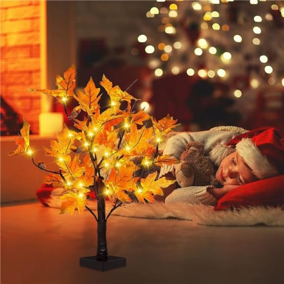 24-inch Fall Lighted Maple Tree with Acorns, 24 LED Lights Thanksgiving Decor - Picture 6 of 7